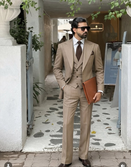 Classic Fit Italian Cut Men's 2-Piece Suit - Premium Beige stripe