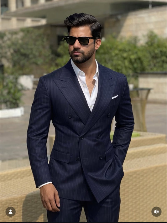 Classic Fit Italian Cut Men's 2-Piece Suit - Premium Dark Navy stripe